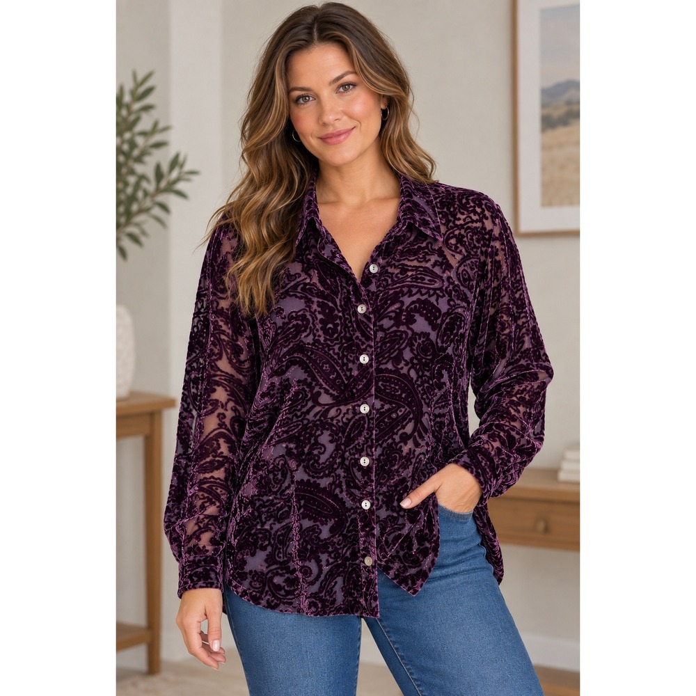 Chico's Design Button Up Womens XL (3) Purple Paisley Burnout Velvet Silk Blend